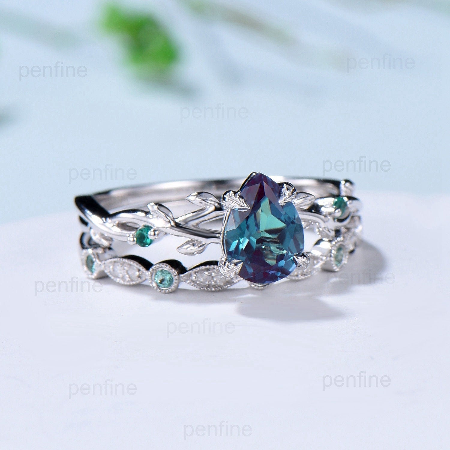 Twig Alexandrite Ring Set Vintage Pear Shaped 14K White Gold Engagement Ring Nature Inspired Wedding Set Art Deco Emerald Bridal Ring Set - PENFINE