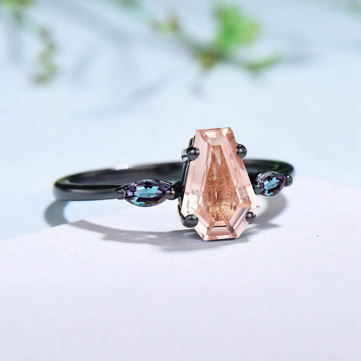 Minimalist Black Gold Coffin Shaped Natural Morganite Ring Marquise Alexandrite Shield 3 stone Engagement Ring Handmade Proposal Gifts Women - PENFINE