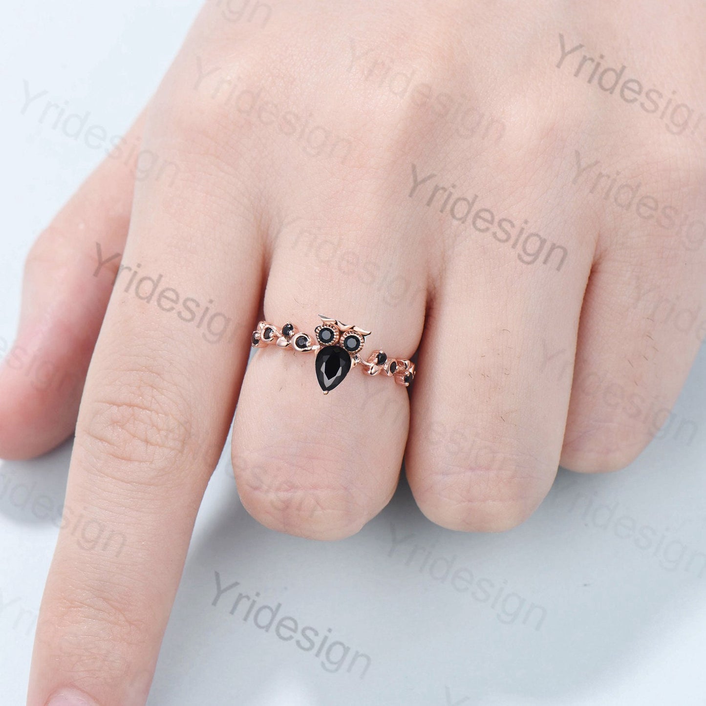 Unique pear shaped black onyx engagement ring rose gold night owl black stone wedding ring nature inspired spinel anniversary ring for women - PENFINE