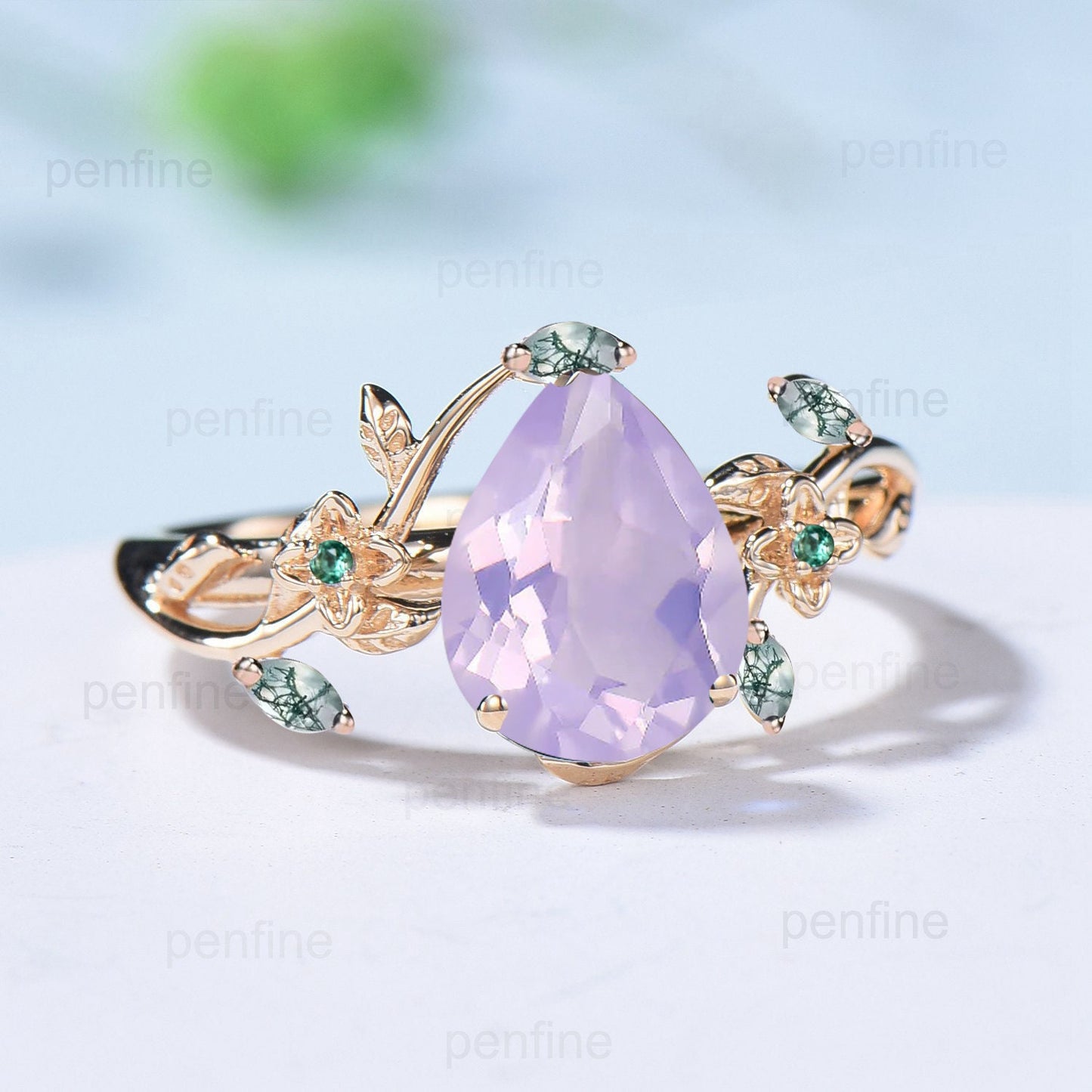 Elegant Lavender Amethyst Ring Nature Inspired Pear Shaped February Birthstone Twig Engagement Ring Flower Emerald Green Agate Wedding Ring - PENFINE