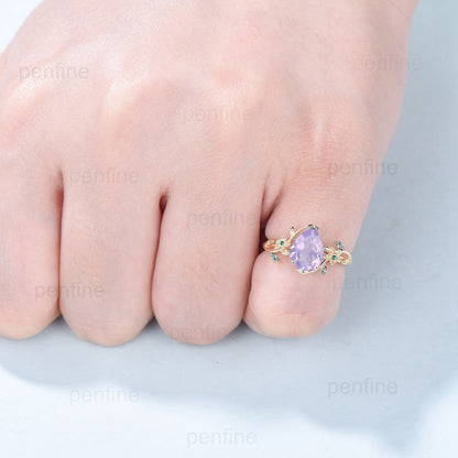 Elegant Lavender Amethyst Ring Nature Inspired Pear Shaped February Birthstone Twig Engagement Ring Flower Emerald Green Agate Wedding Ring - PENFINE