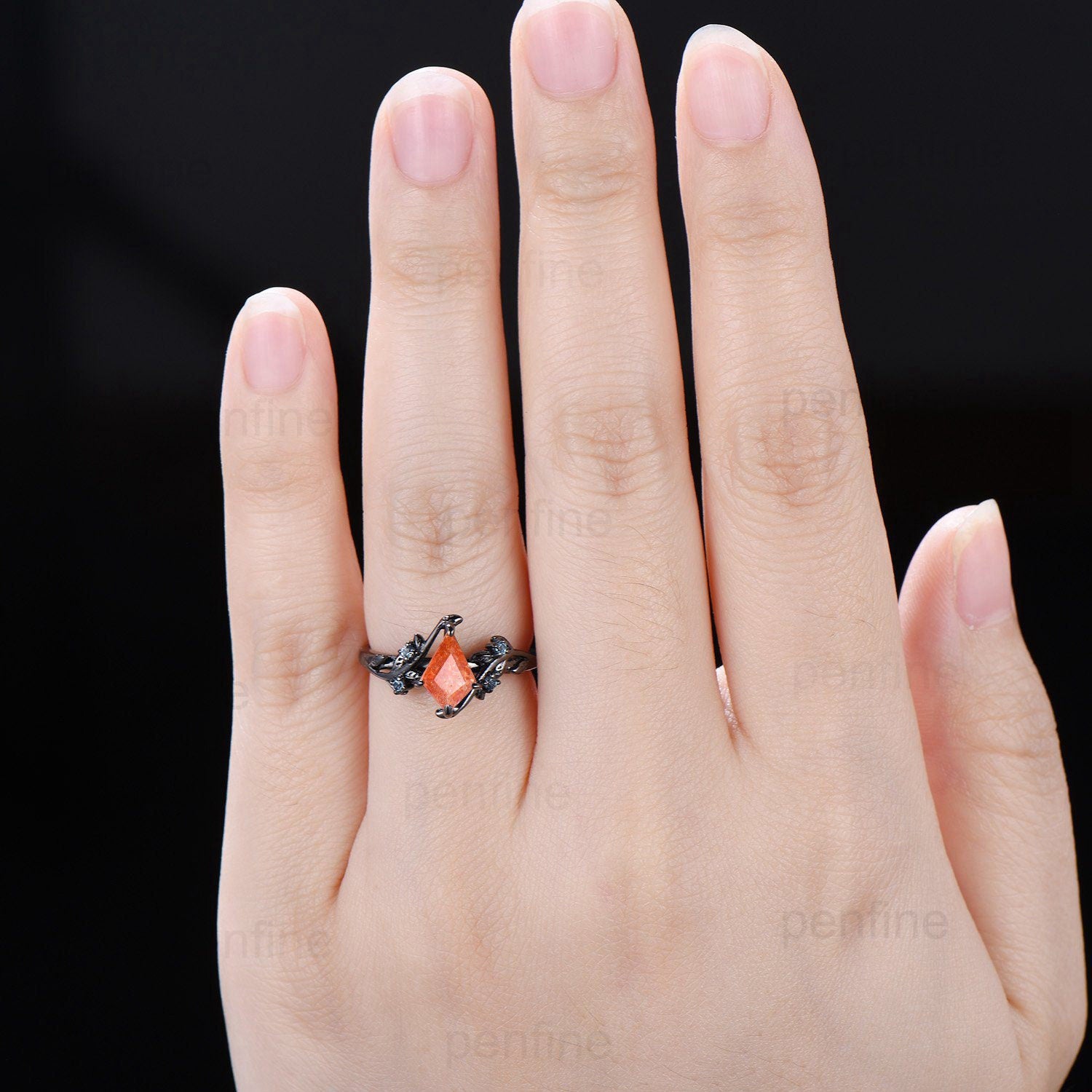 1 carat Kite cut Black Gold Sunstone Ring Vintage Natural Inspired Leaf vine engagement ring branch wedding ring Handmade Proposal Gifts - PENFINE