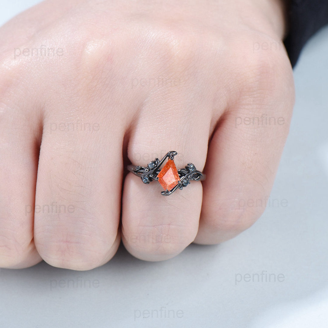 1 carat Kite cut Black Gold Sunstone Ring Vintage Natural Inspired Leaf vine engagement ring branch wedding ring Handmade Proposal Gifts - PENFINE