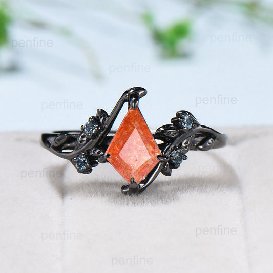 1 carat Kite cut Black Gold Sunstone Ring Vintage Natural Inspired Leaf vine engagement ring branch wedding ring Handmade Proposal Gifts - PENFINE