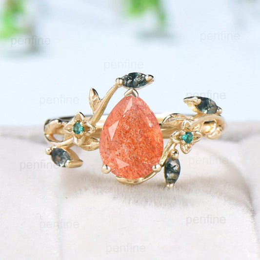 Elegant Pear Shaped Sunstone Ring Vintage Flower Engagement Ring Leaf Marquise Moss Agate Wedding Ring Unique Emerald Twig Branch Ring Women - PENFINE