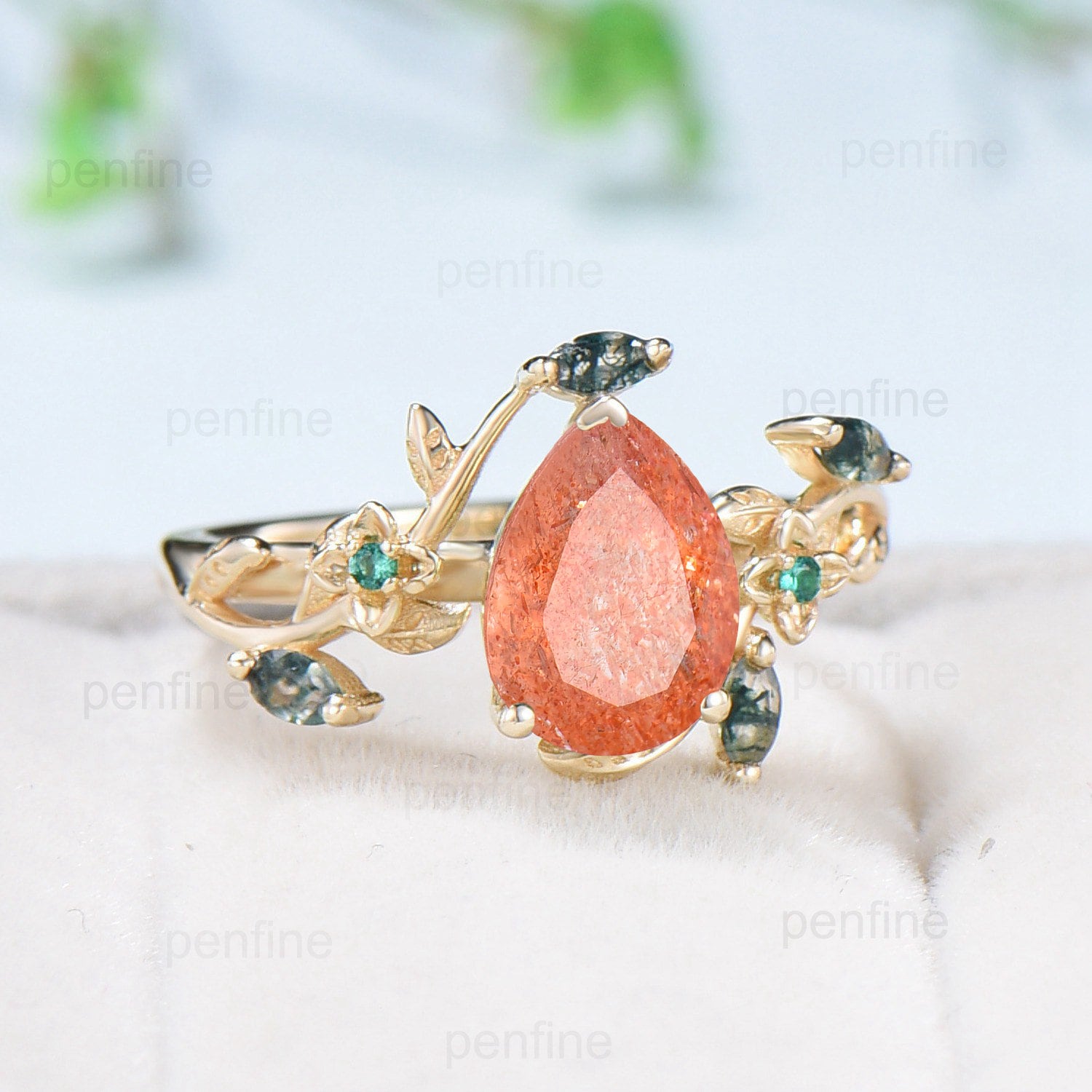 Elegant Pear Shaped Sunstone Ring Vintage Flower Engagement Ring Leaf Marquise Moss Agate Wedding Ring Unique Emerald Twig Branch Ring Women - PENFINE