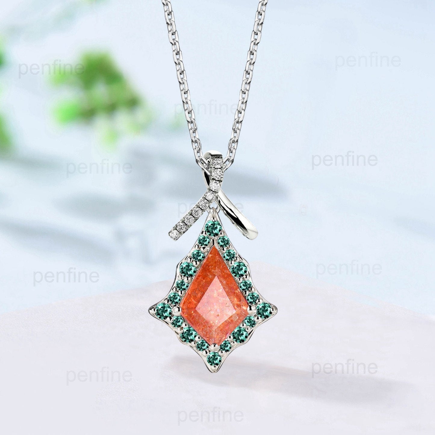 Vintage Kite Cut Sunstone Necklace Unique Halo Emerald Pendant 14k/18k white gold moissanite Pendant unique promise engagement gift women - PENFINE