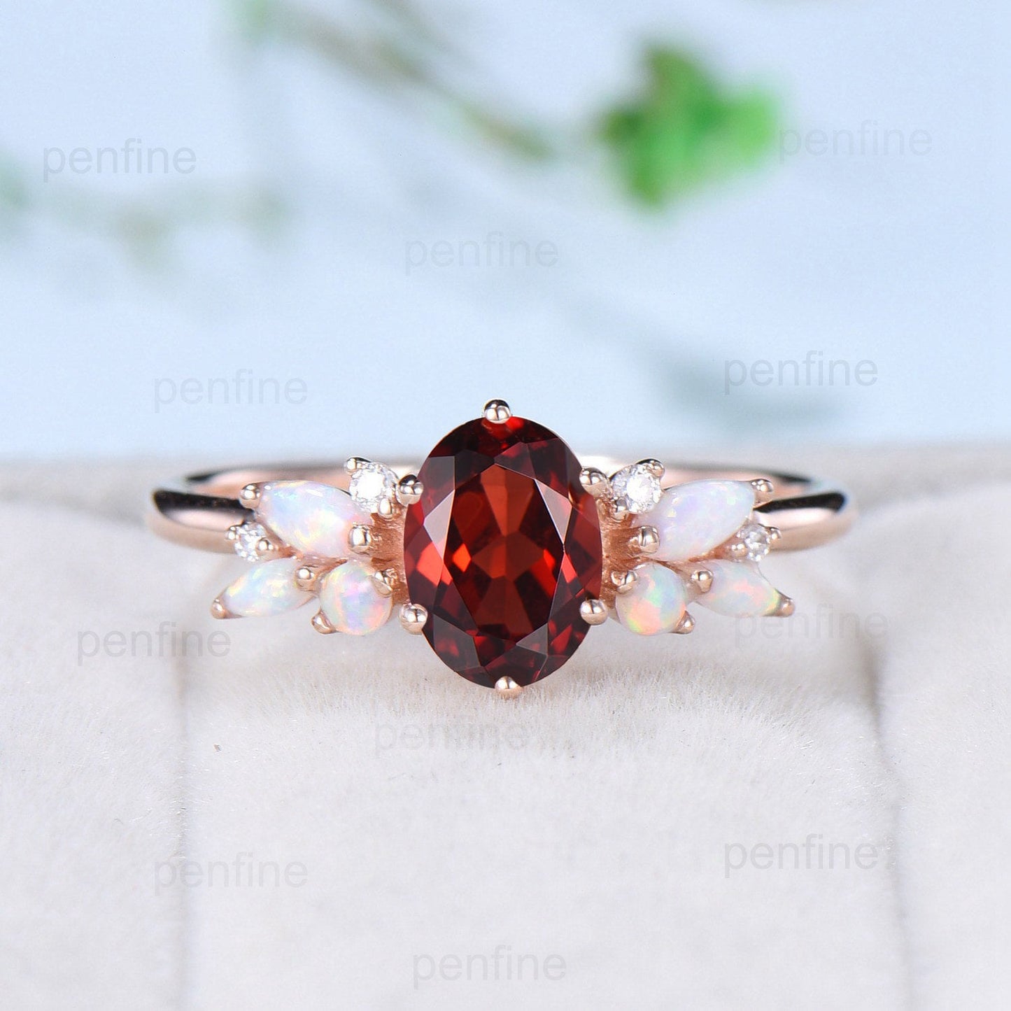 Vintage Style Garnet Ring, 1 Carat Oval Cut Garnet Engagement Ring, Rose Gold Opal Wedding Ring Art Deco January Birthstone Promise Gift - PENFINE