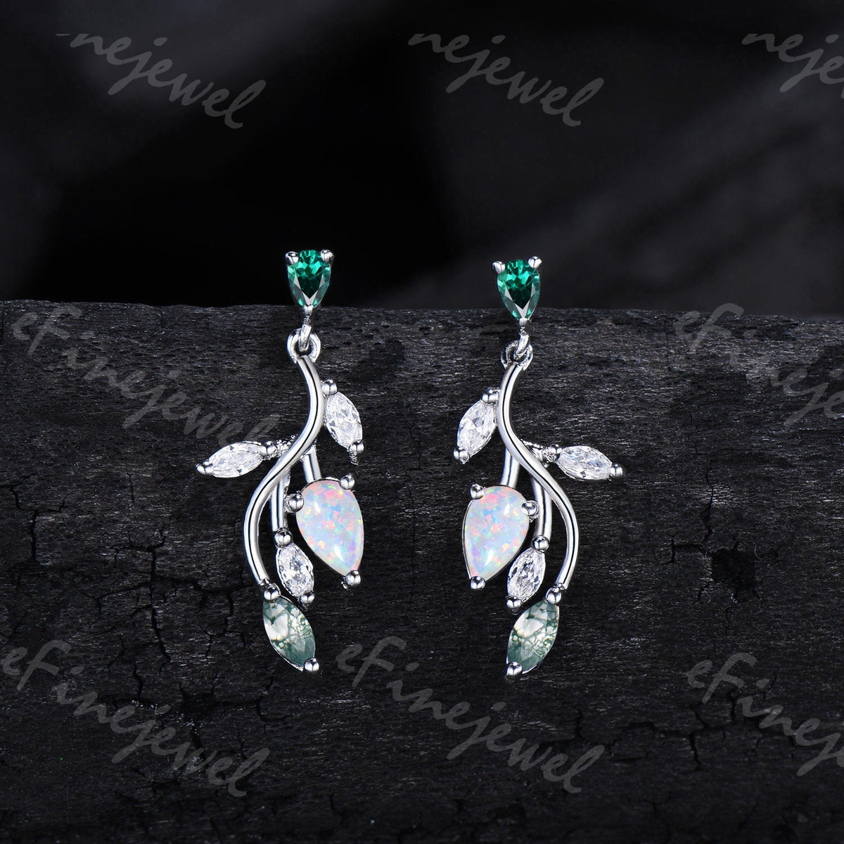 Opal Leaf Branch Drop Earrings, Emerald Moss Agate Moissanite Dangle