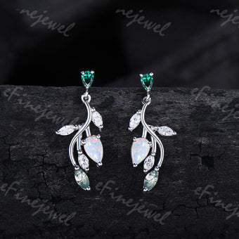 Opal Leaf Branch Drop Earrings, Emerald Moss Agate Moissanite Dangle