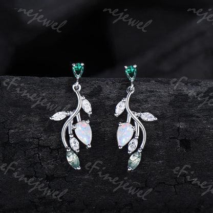 Opal Leaf Branch Drop Earrings, Emerald Moss Agate Moissanite Dangle