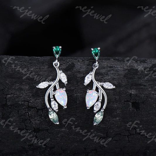 Opal Leaf Branch Drop Earrings, Emerald Moss Agate Moissanite Dangle