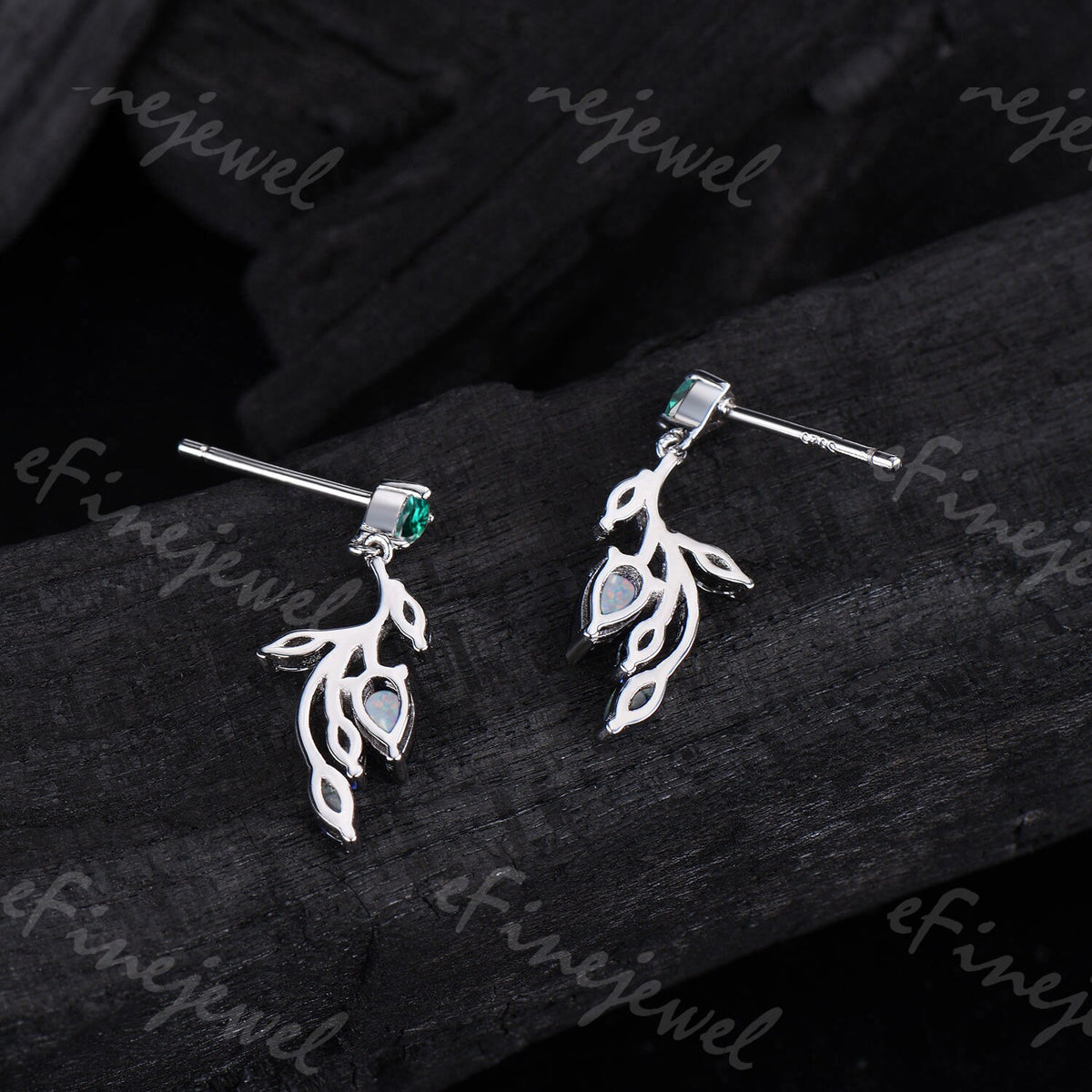 Opal Leaf Branch Drop Earrings, Emerald Moss Agate Moissanite Dangle