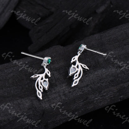 Opal Leaf Branch Drop Earrings, Emerald Moss Agate Moissanite Dangle