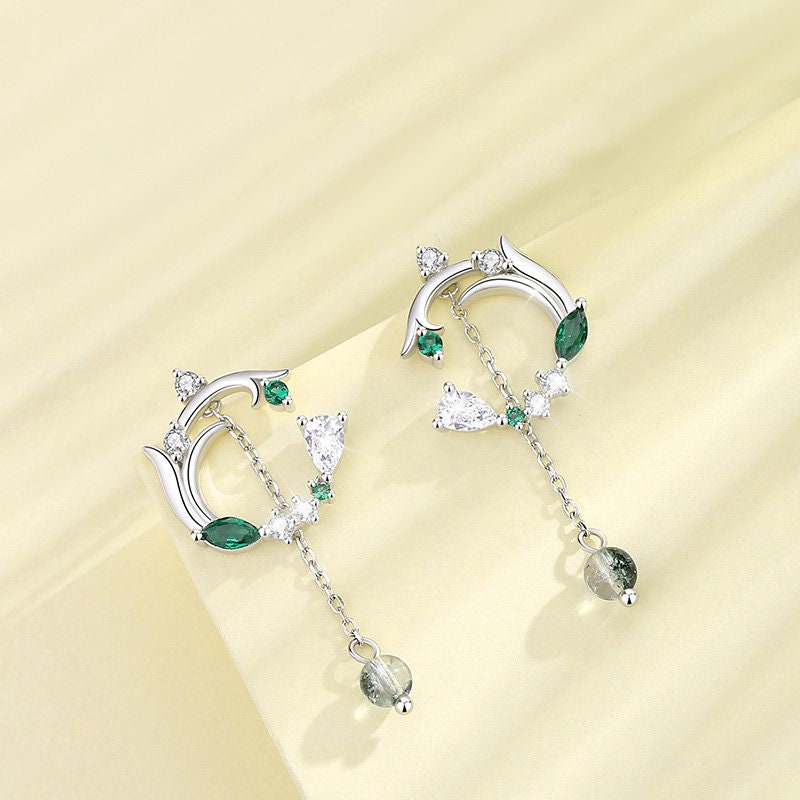 Forest moss agate emerald wedding set solitaire green crystal white gold dainty pendant necklace nature inspired stud earrings bracelet - PENFINE