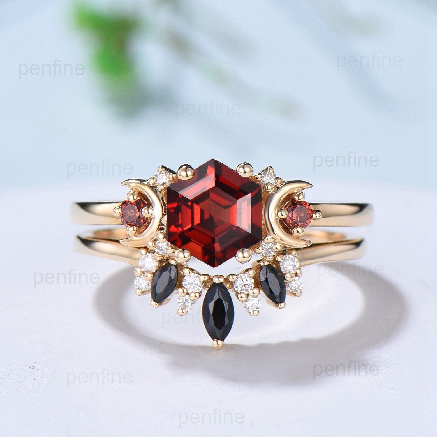 Vintage hexagon cut garnet engagement ring set 14k rose gold garnet moon wedding ring for women unique January birthstone bridal ring set - PENFINE