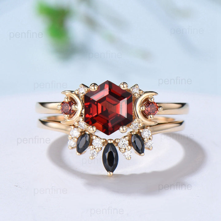 Vintage hexagon cut garnet engagement ring set 14k rose gold garnet moon wedding ring for women unique January birthstone bridal ring set - PENFINE