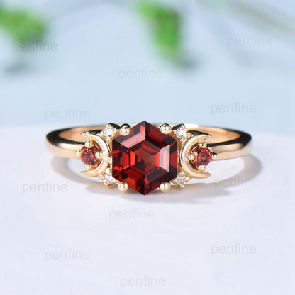 Vintage hexagon cut garnet engagement ring set 14k rose gold garnet moon wedding ring for women unique January birthstone bridal ring set - PENFINE