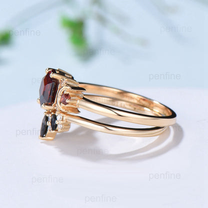 Vintage hexagon cut garnet engagement ring set 14k rose gold garnet moon wedding ring for women unique January birthstone bridal ring set - PENFINE