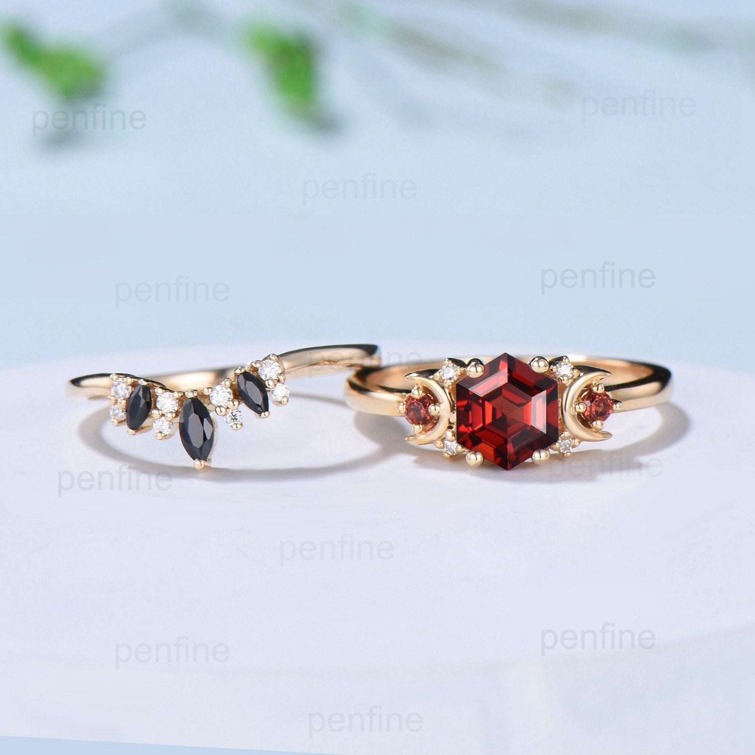 Vintage hexagon cut garnet engagement ring set 14k rose gold garnet moon wedding ring for women unique January birthstone bridal ring set - PENFINE