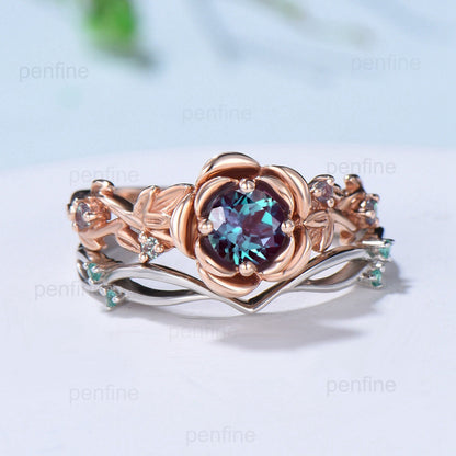 Nature Inspired flower alexandrite engagement ring set twig leaves emerald wedding ring set Vintage flower amethyst stacking bridal set - PENFINE