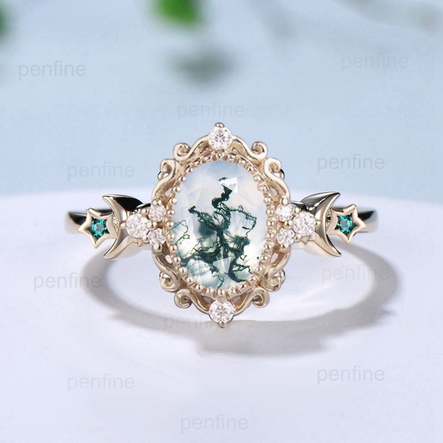 Vintage Oval Moss Agate Engagement Ring Unique Nature Inspired Crescent Moon Green Agate Emerald Star Wedding Ring Unique Anniversary gift - PENFINE