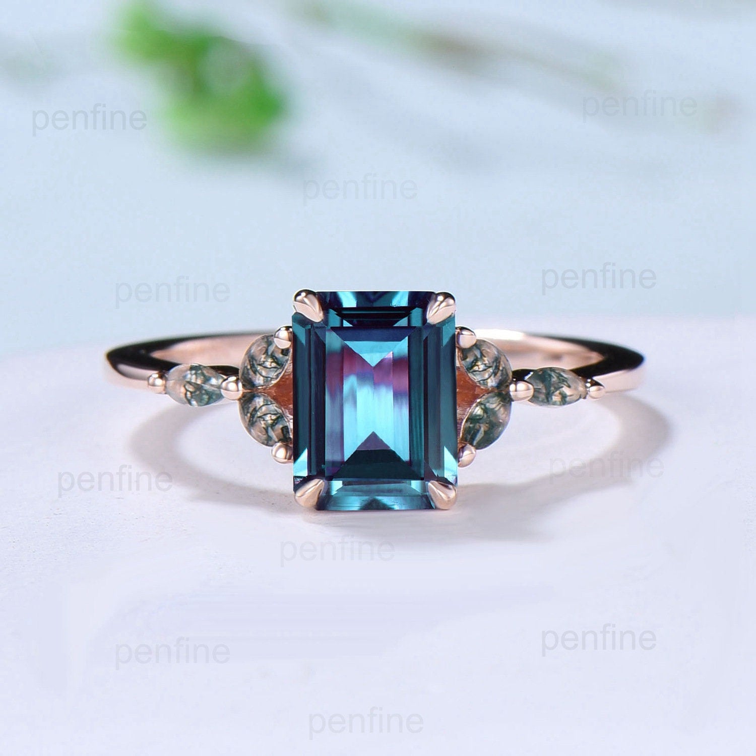 Vintage Emerald Cut  Alexandrite Ring Marquise Cut Moss Agate Alexandrite Engagement Ring Rose Gold June Birthstone Seven Stone Promise Ring - PENFINE