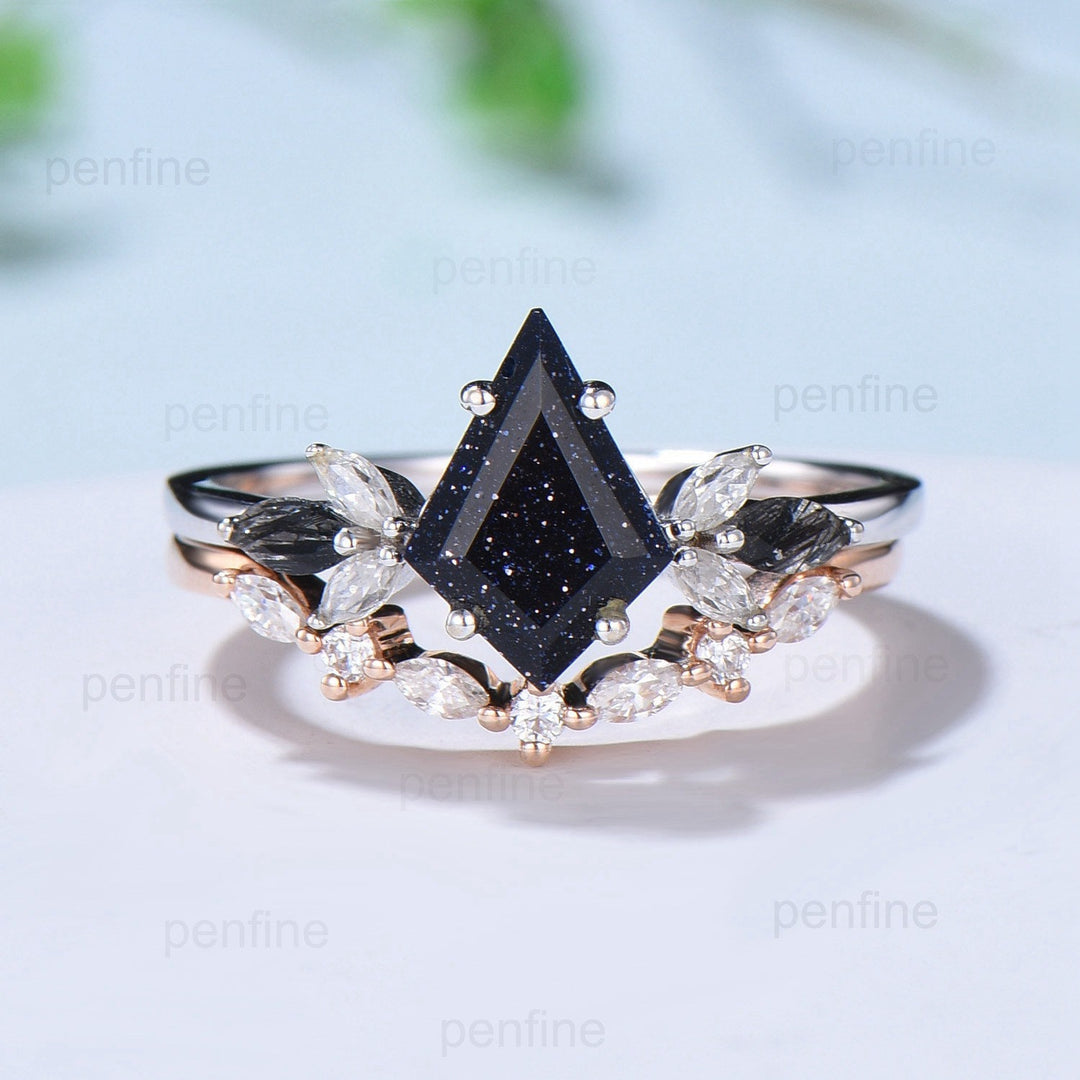 Vintage Kite Cut Blue Sandstone Engagement Ring Set Marquise Cut Black Rutilated Quartz Galaxy Bridal Ring Set Antique Art Deco Wedding Ring - PENFINE