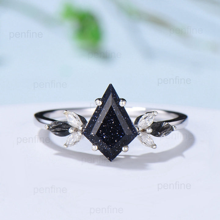 Vintage Kite Cut Blue Sandstone Engagement Ring Set Marquise Cut Black Rutilated Quartz Galaxy Bridal Ring Set Antique Art Deco Wedding Ring - PENFINE