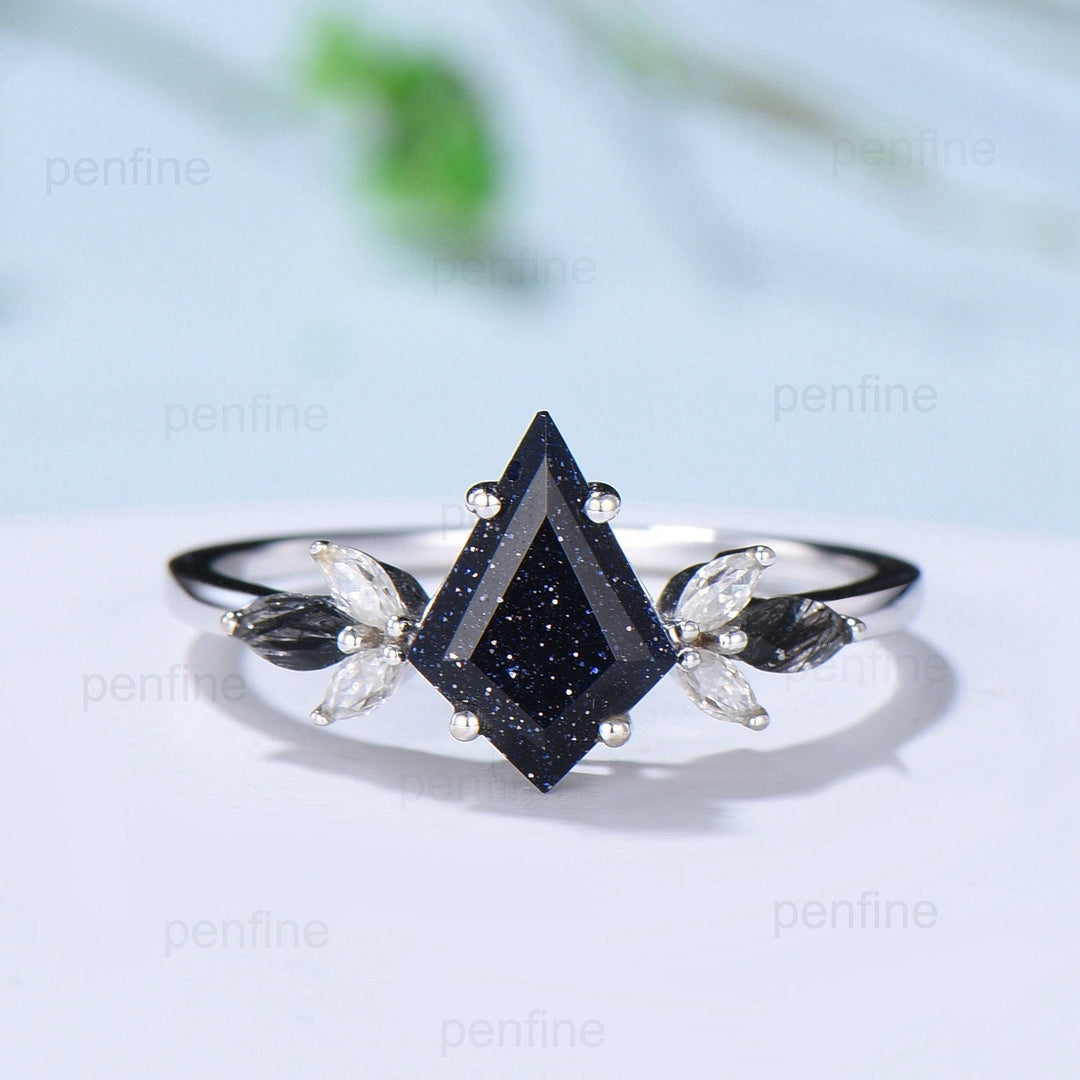 Vintage Kite Cut Blue Sandstone Engagement Ring Set Marquise Cut Black Rutilated Quartz Galaxy Bridal Ring Set Antique Art Deco Wedding Ring - PENFINE