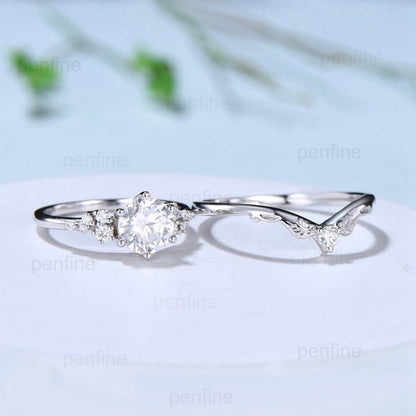 1CT Round Brilliant Moissanite Engagement Ring Set Snowdrift Moissanite Diamond Wedding Set Unique Six Prongs Leaf anniversary promise ring - PENFINE