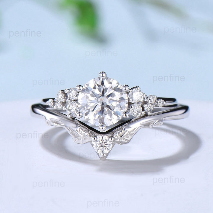 1CT Round Brilliant Moissanite Engagement Ring Set Snowdrift Moissanite Diamond Wedding Set Unique Six Prongs Leaf anniversary promise ring - PENFINE