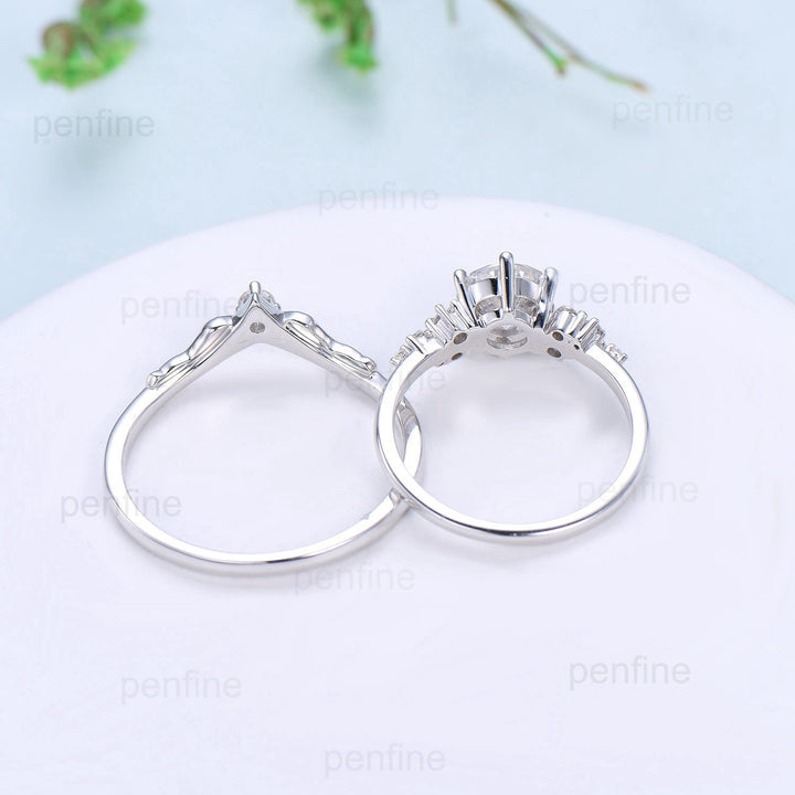 1CT Round Brilliant Moissanite Engagement Ring Set Snowdrift Moissanite Diamond Wedding Set Unique Six Prongs Leaf anniversary promise ring - PENFINE