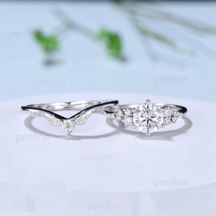 1CT Round Brilliant Moissanite Engagement Ring Set Snowdrift Moissanite Diamond Wedding Set Unique Six Prongs Leaf anniversary promise ring - PENFINE