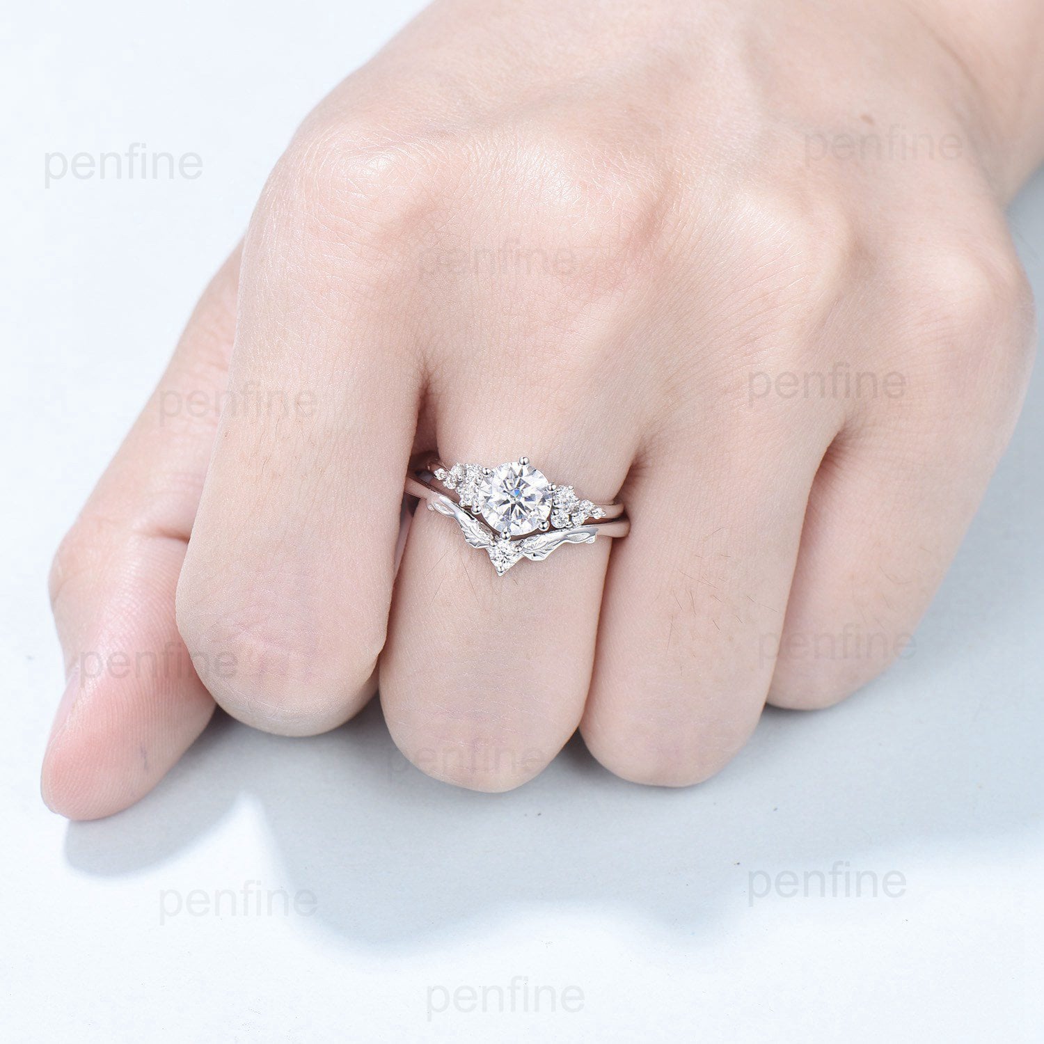 1CT Round Brilliant Moissanite Engagement Ring Set Snowdrift Moissanite Diamond Wedding Set Unique Six Prongs Leaf anniversary promise ring - PENFINE