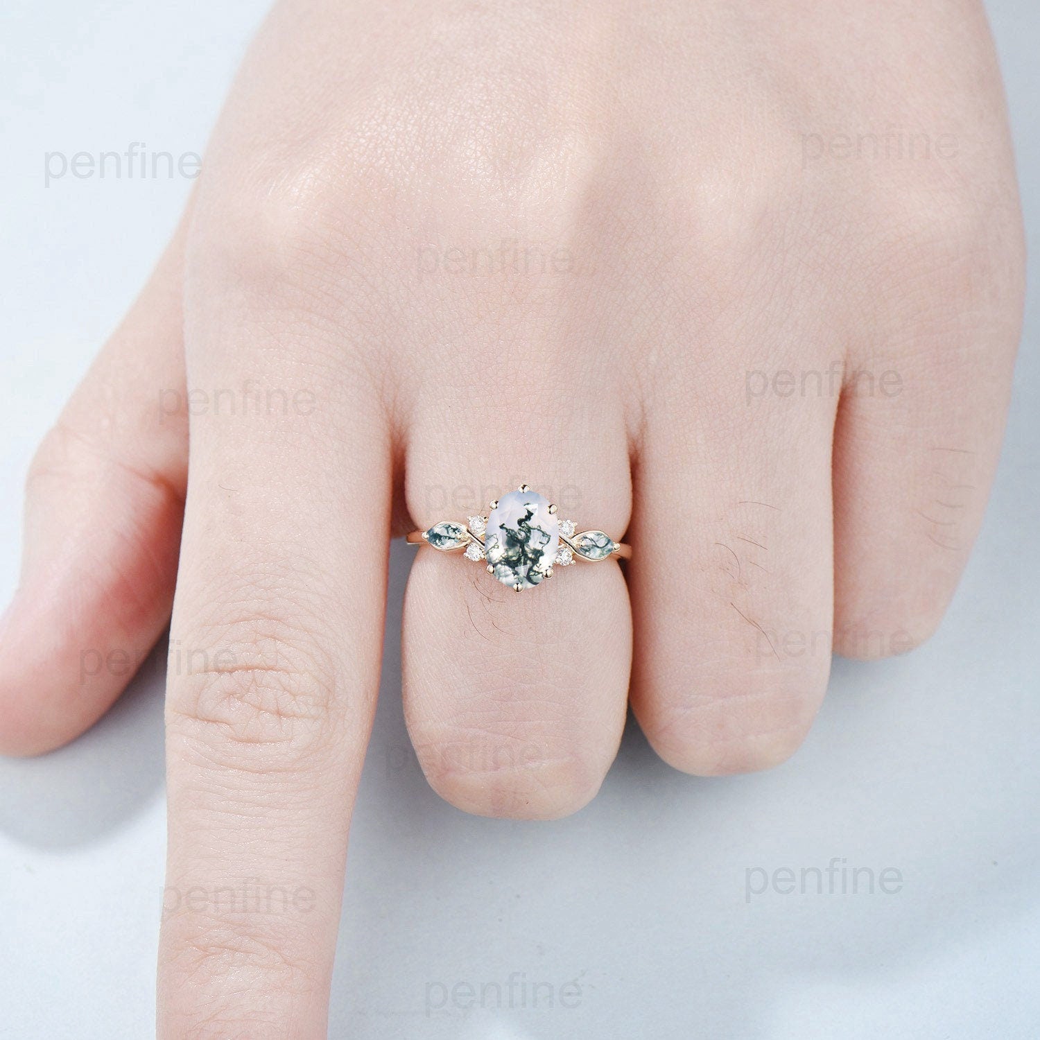 Vintage Oval Cut Moss agate engagement ring flawless green agate ring for women 14K Yellow Gold marquise aquatic agate diamond wedding Ring - PENFINE