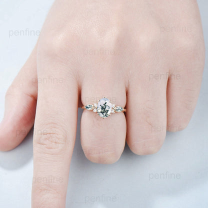 Vintage Oval Cut Moss agate engagement ring flawless green agate ring for women 14K Yellow Gold marquise aquatic agate diamond wedding Ring - PENFINE