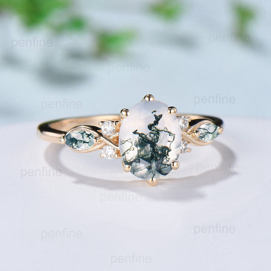 Vintage Oval Cut Moss agate engagement ring flawless green agate ring for women 14K Yellow Gold marquise aquatic agate diamond wedding Ring - PENFINE