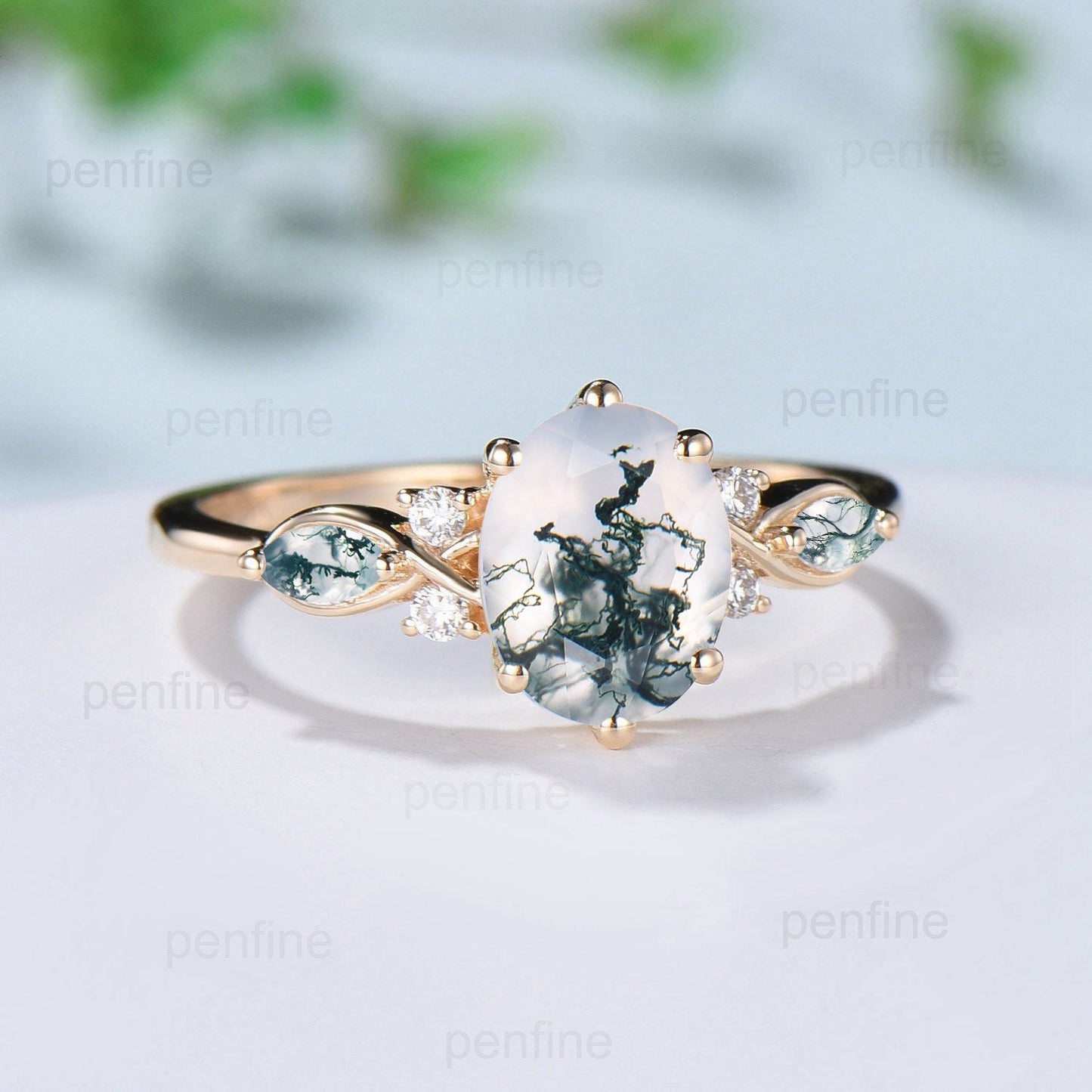 Vintage Oval Cut Moss agate engagement ring flawless green agate ring for women 14K Yellow Gold marquise aquatic agate diamond wedding Ring - PENFINE