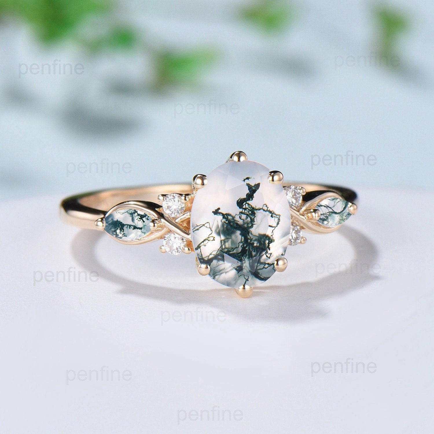 Vintage Oval Cut Moss agate engagement ring flawless green agate ring for women 14K Yellow Gold marquise aquatic agate diamond wedding Ring - PENFINE