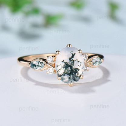 Vintage Oval Cut Moss agate engagement ring flawless green agate ring for women 14K Yellow Gold marquise aquatic agate diamond wedding Ring - PENFINE