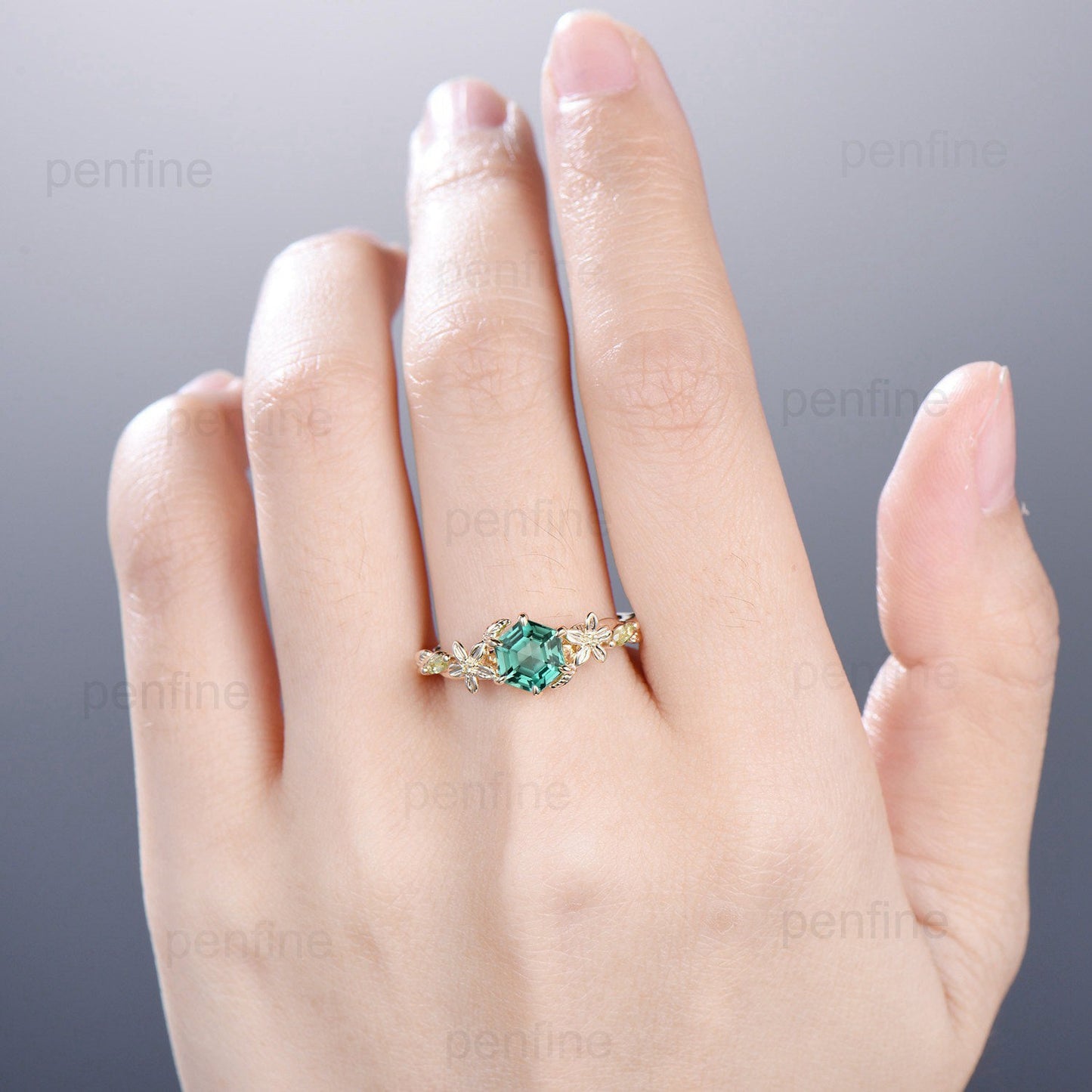 Vintage Green Sapphire Ring Elegant Floral Teal Sapphire Engagement Ring Leaf Marquise Peridot Wedding Women Natural inspired Promise Ring - PENFINE