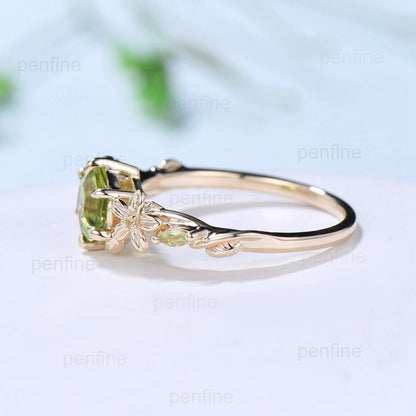 Vintage Green Sapphire Ring Elegant Floral Teal Sapphire Engagement Ring Leaf Marquise Peridot Wedding Women Natural inspired Promise Ring - PENFINE