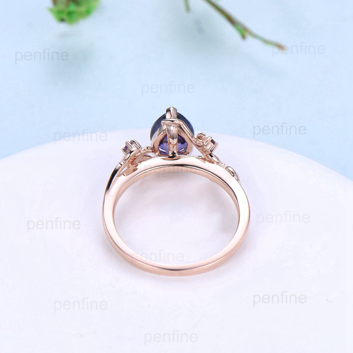 Natural inspired  Flower Purple Sapphire Ring Vintage Twig Pear Shaped Engagement Ring Leaf Amethyst marquise moss agate Wedding Branch Ring - PENFINE