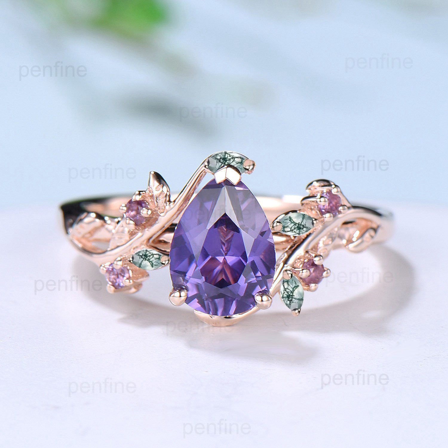 Natural inspired  Flower Purple Sapphire Ring Vintage Twig Pear Shaped Engagement Ring Leaf Amethyst marquise moss agate Wedding Branch Ring - PENFINE