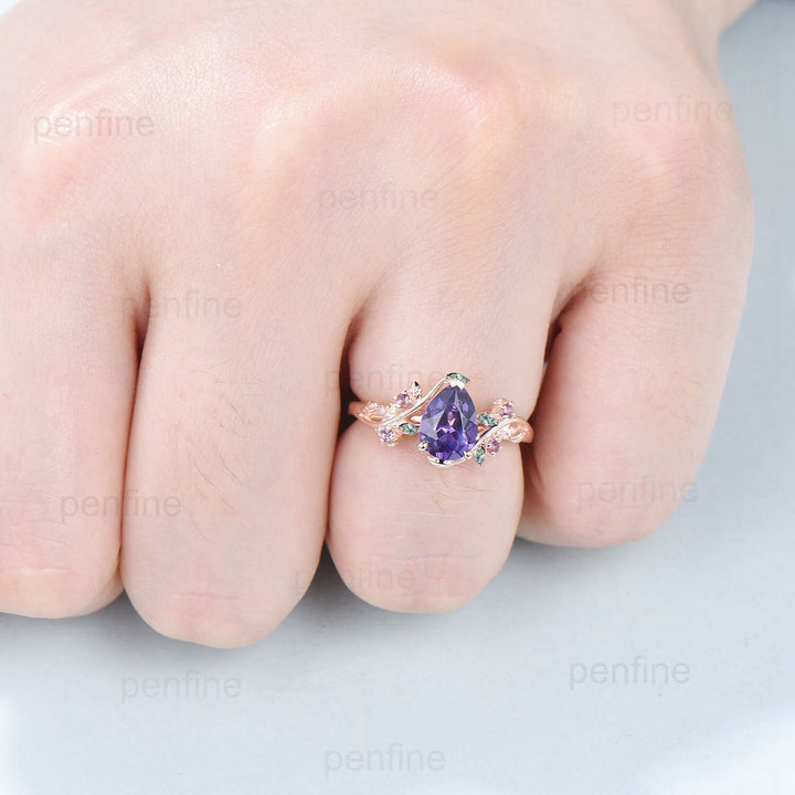 Natural inspired  Flower Purple Sapphire Ring Vintage Twig Pear Shaped Engagement Ring Leaf Amethyst marquise moss agate Wedding Branch Ring - PENFINE