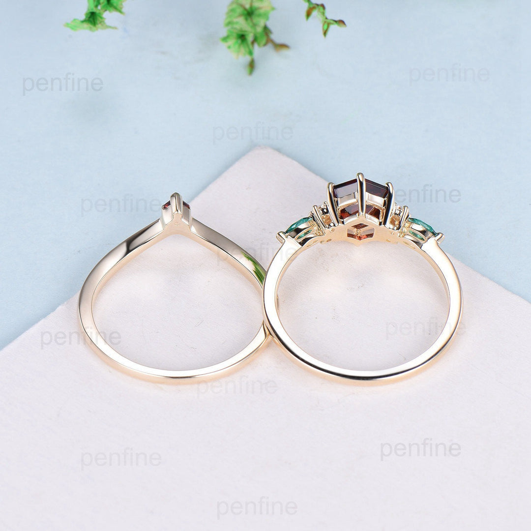 Vintage hexagon garnet engagement ring set 14kyellow gold marquise emerald wedding ring for women Dainty January birthstone bridal ring set - PENFINE