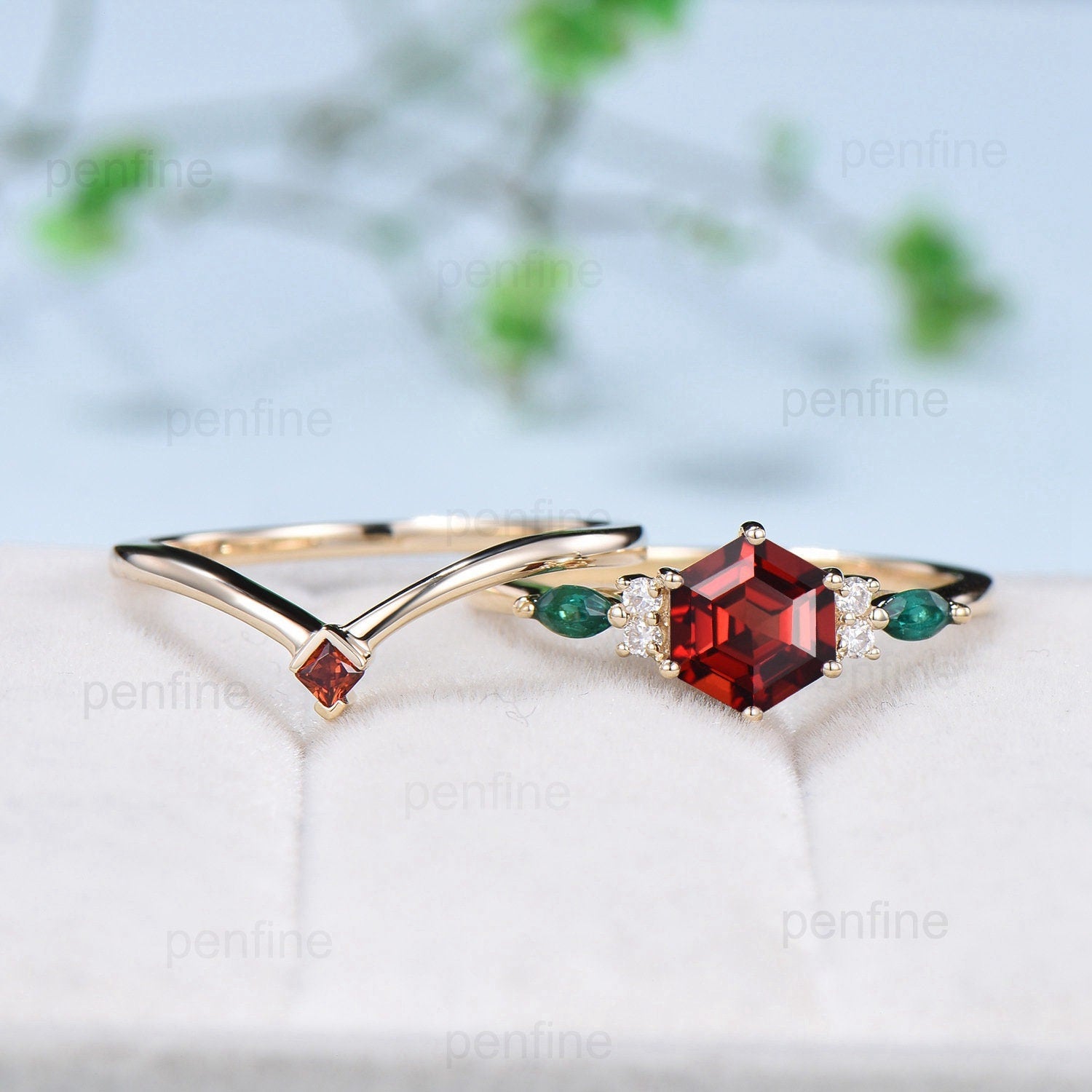 Vintage hexagon garnet engagement ring set 14kyellow gold marquise emerald wedding ring for women Dainty January birthstone bridal ring set - PENFINE