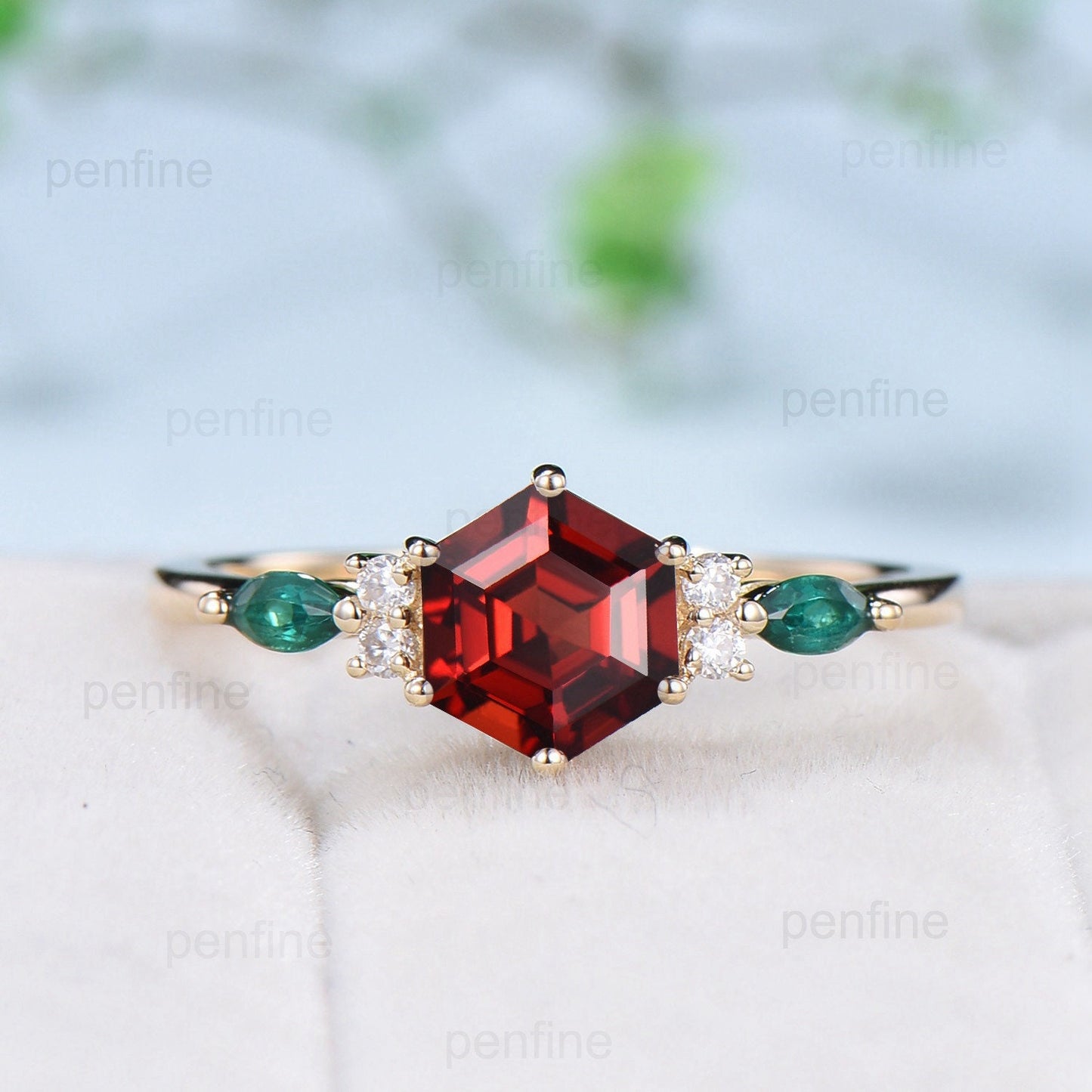 Vintage hexagon garnet engagement ring set 14kyellow gold marquise emerald wedding ring for women Dainty January birthstone bridal ring set - PENFINE