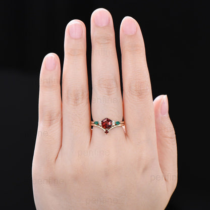 Vintage hexagon garnet engagement ring set 14kyellow gold marquise emerald wedding ring for women Dainty January birthstone bridal ring set - PENFINE